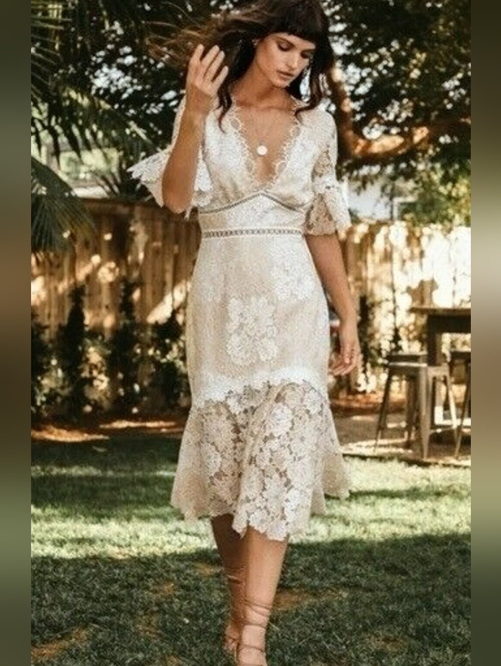 SAYLOR Cream Lace Midi Dress with Flared Hem